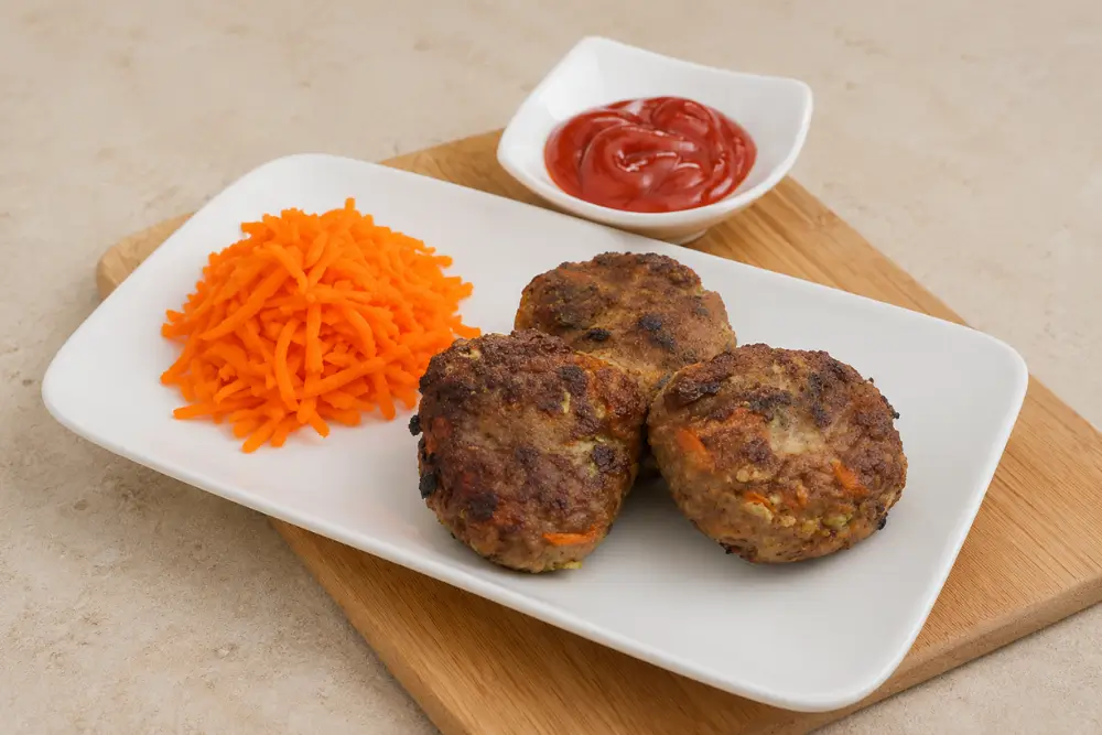 Rissoles served with grated carrot and tomato ketchup.