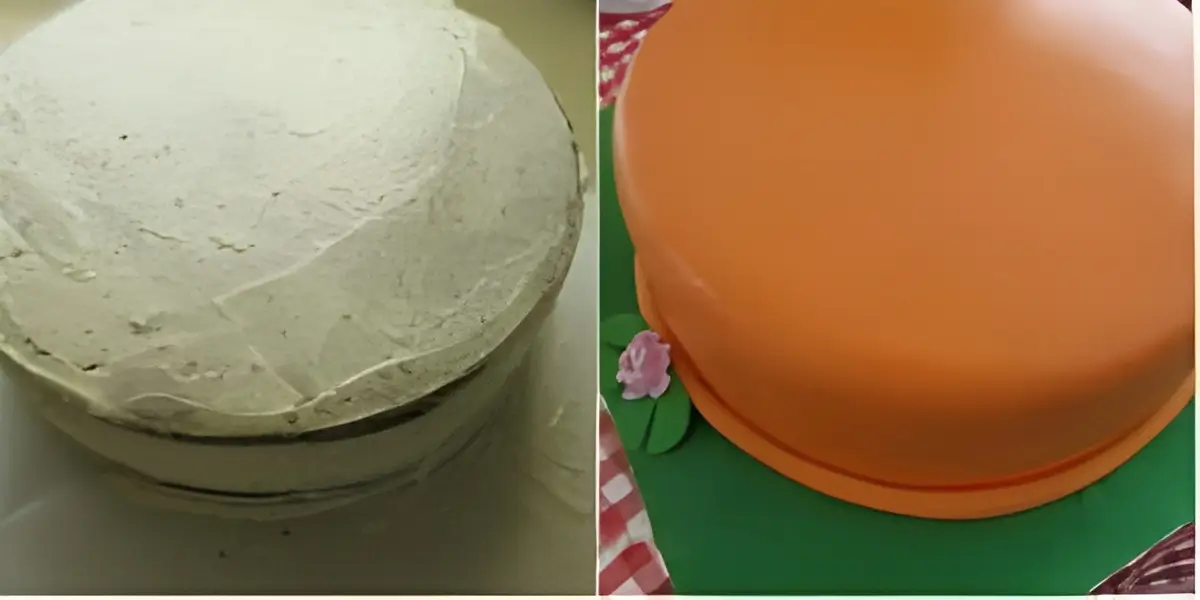 Side-by-side images showing the cake after crumb coating and after being covered with smooth orange fondant on a green cake board.