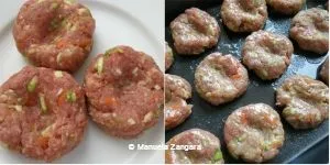 Uncooked beef and vegetable rissoles shaped into patties on a plate and baking tray before frying.