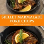 Orange-glazed pork chop served in a cast-iron skillet with rosemary.