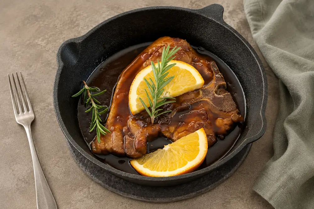 Glazed bone-in pork chop with fresh orange wedges and rosemary.