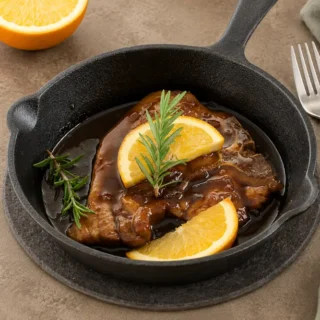 Marmalade pork chops in a skillet with orange slices and rosemary.