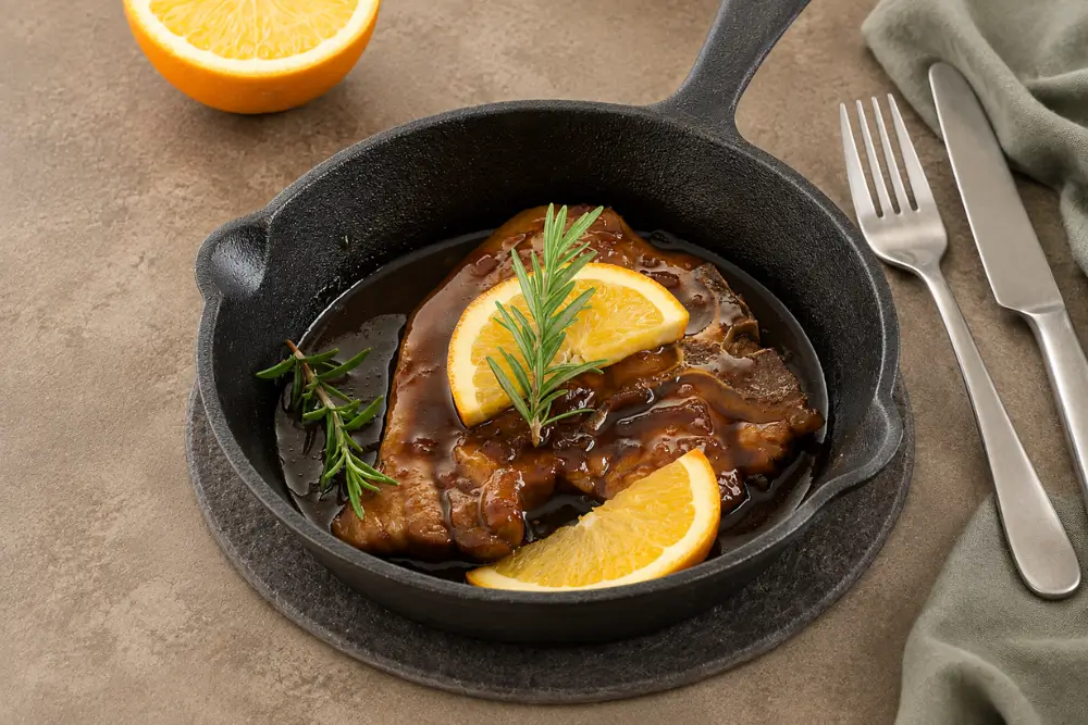Marmalade pork chops in a skillet with orange slices and rosemary.