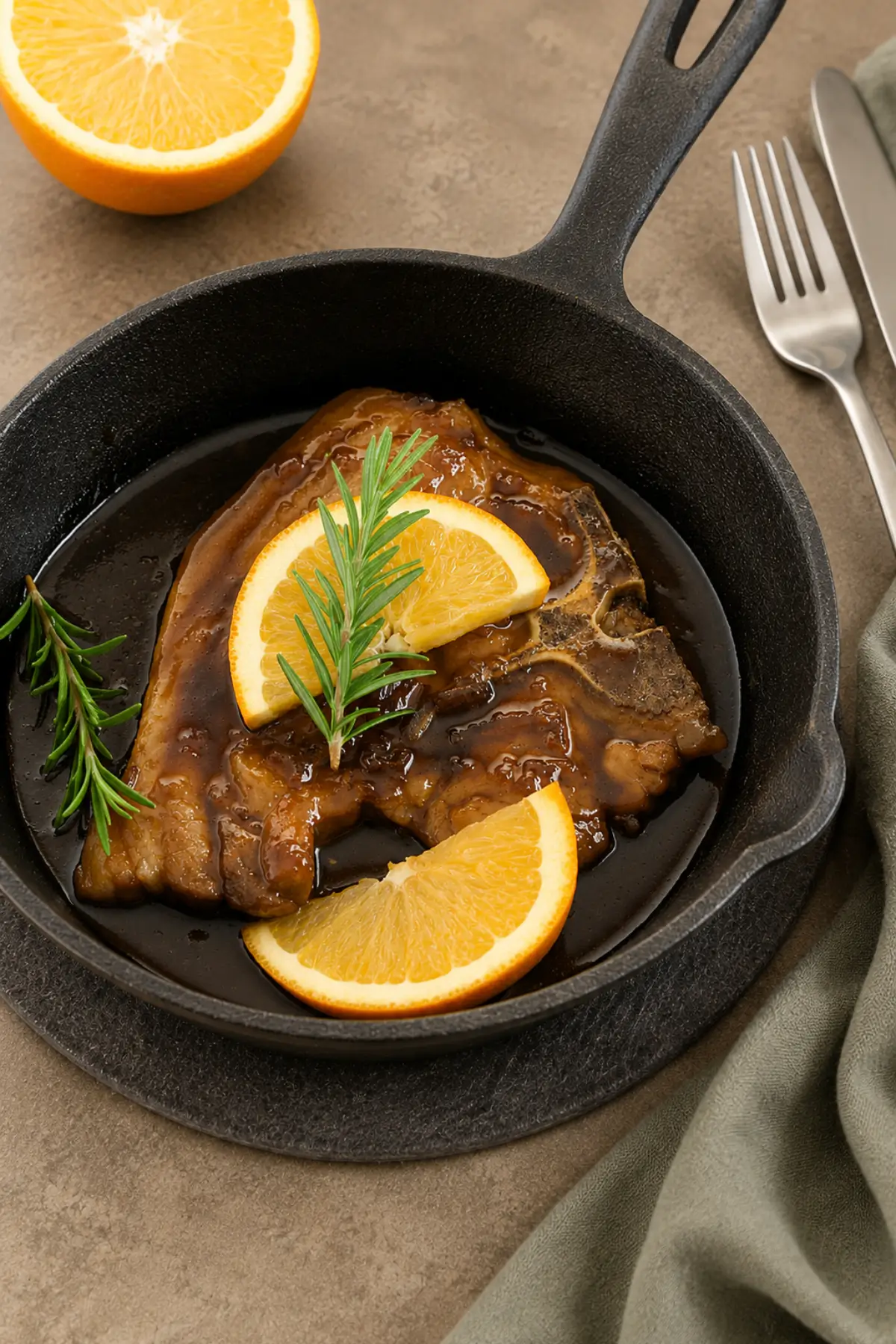 Orange-glazed pork chop served in a cast-iron skillet with rosemary.