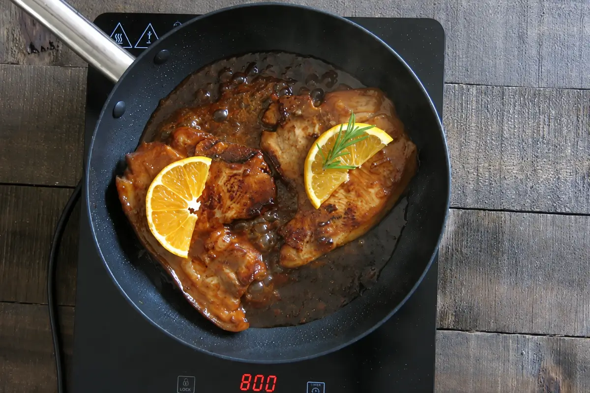 Cooked pork chops with sticky orange sauce, orange slices and rosemary in a frying pan.