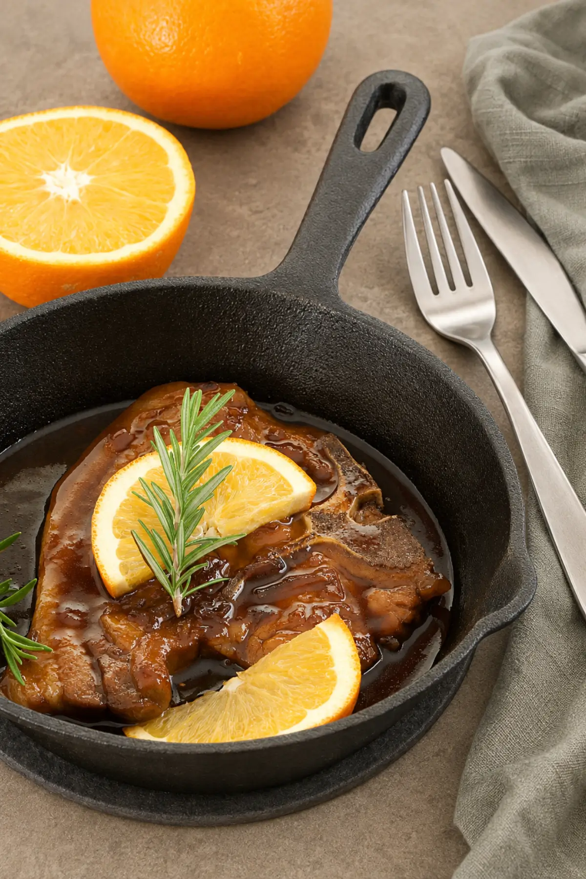 Skillet pork chop coated in sticky citrus sauce with orange and rosemary.