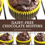 Dairy-free chocolate muffins with domed tops and chocolate chips on a wire rack.