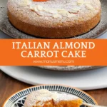 Almond carrot cake on a serving plate with powdered sugar and almond slices.