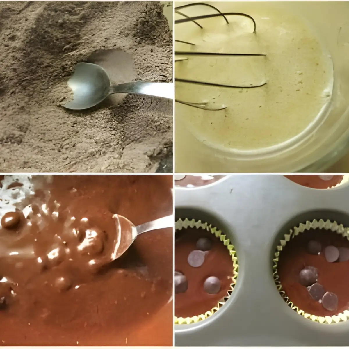 A collage showing dry ingredients mixed, wet mixture whisked, batter with chocolate chips, and filled muffin cups.