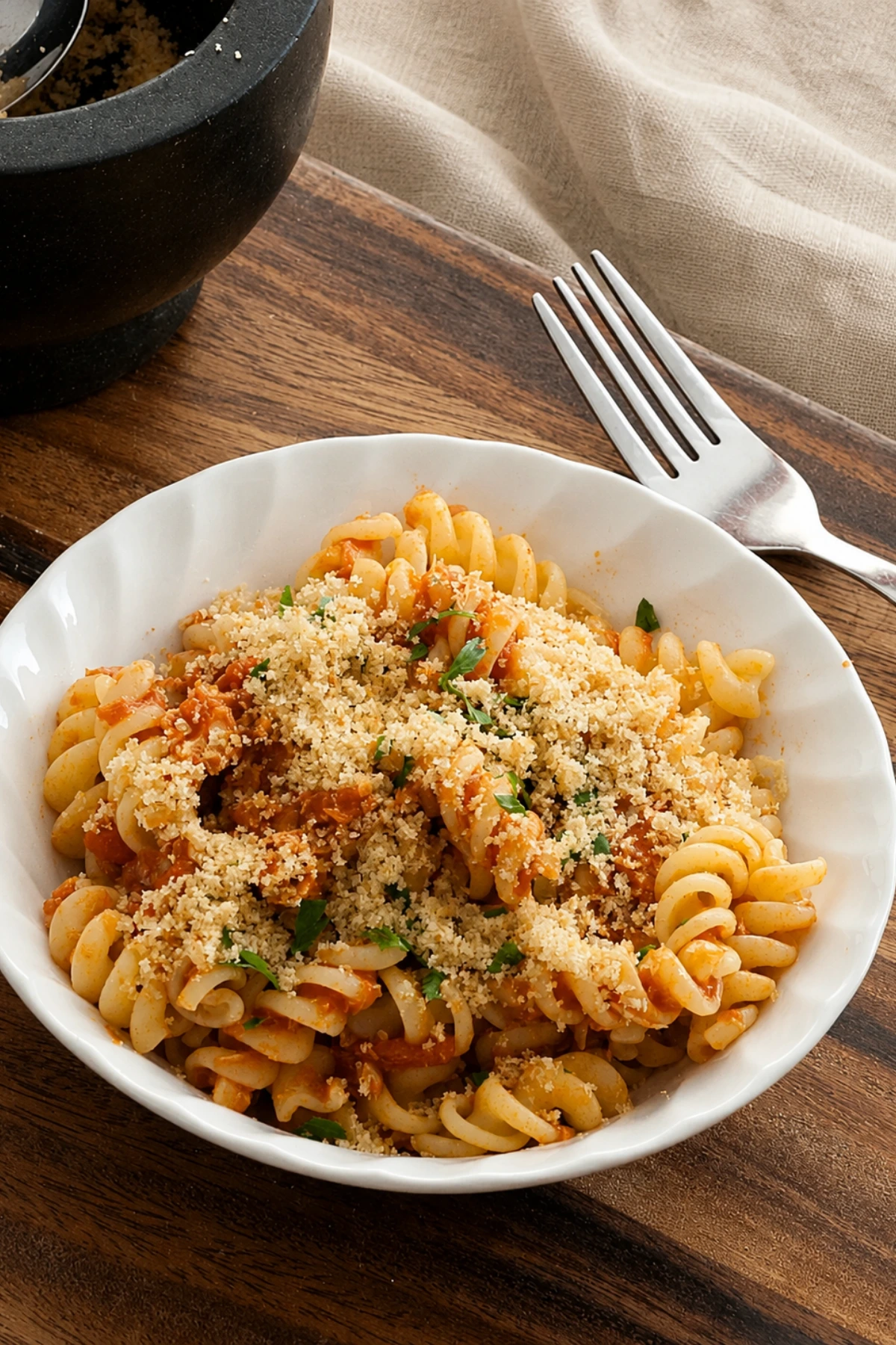 Fusilli pasta tossed with tuna and tomato sauce and finished with fresh parsley.