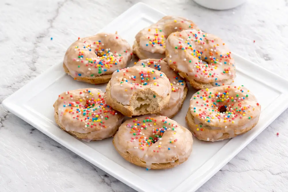 Italian Easter Taralli glazed with icing and colourful sprinkles on a plate.