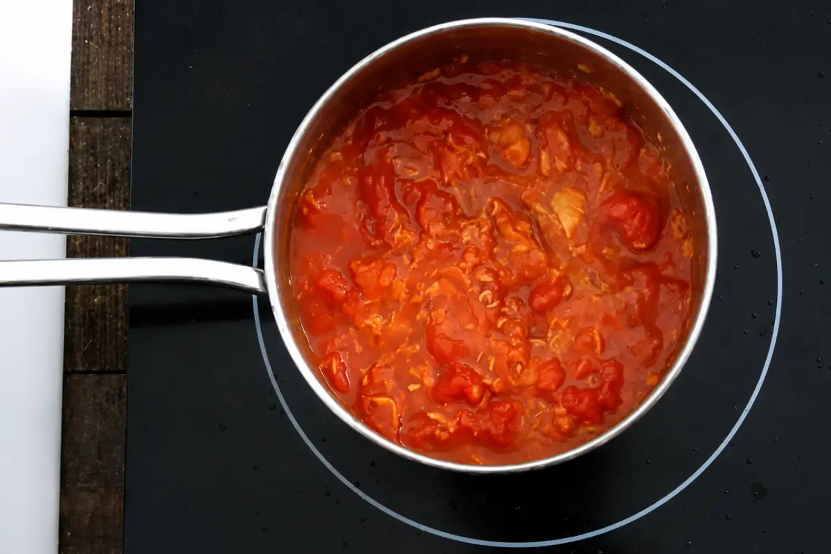 Tuna simmering in tomato sauce in a saucepan on the cooktop.