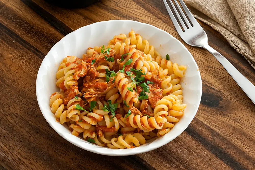Tuna Tomato Pasta topped with garlic breadcrumbs and chopped parsley.