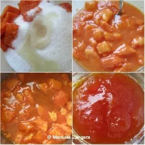 Step-by-step Papaya Jam process collage showing papaya with sugar, cooking stages, and the finished homemade papaya jam.