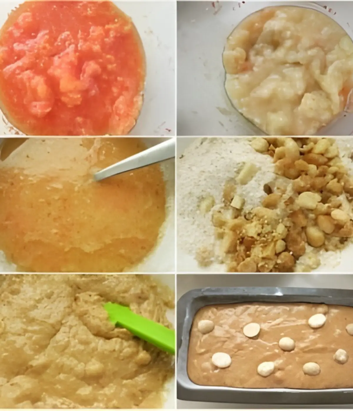 Collage of papaya and banana mashing, mixing with nuts, and batter poured into the loaf pan.