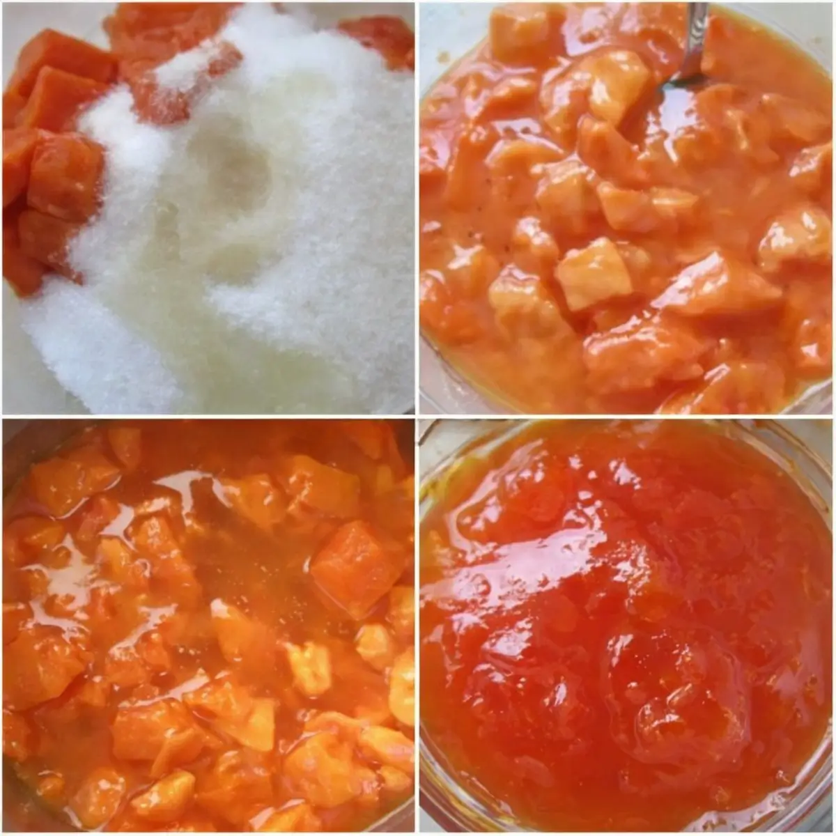 Step-by-step collage showing diced papaya with sugar, simmering fruit, and finished glossy papaya jam.