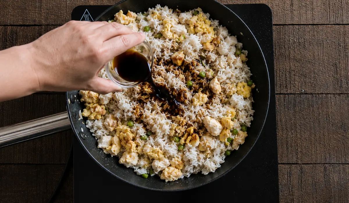 Soy sauce being poured over Thai fried rice with chicken and egg in a frying pan.