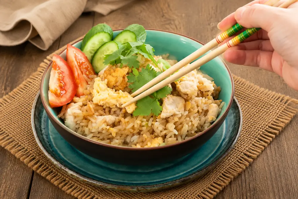 Chopsticks picking up Thai chicken fried rice topped with coriander, cucumber, and tomato.