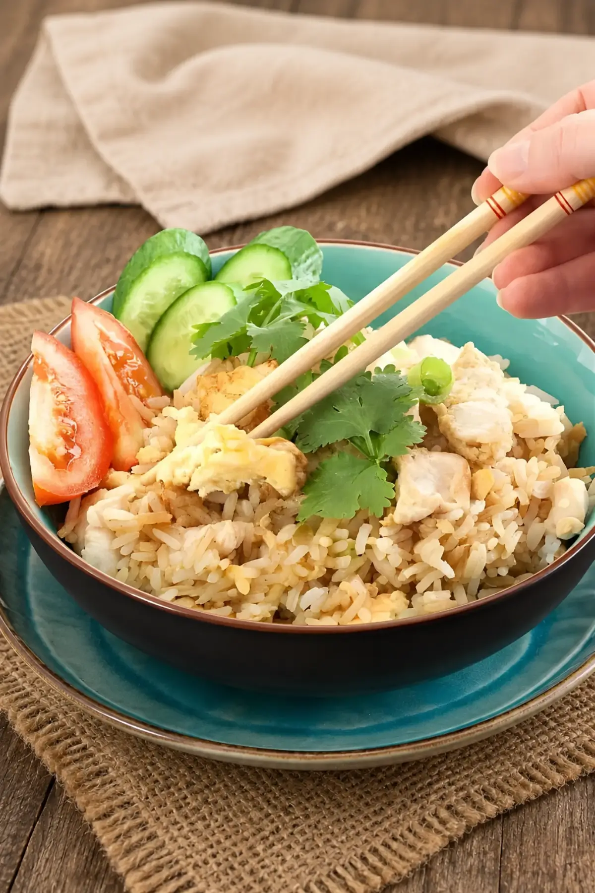 Chopsticks lifting a bite of Thai fried rice from a serving bowl.