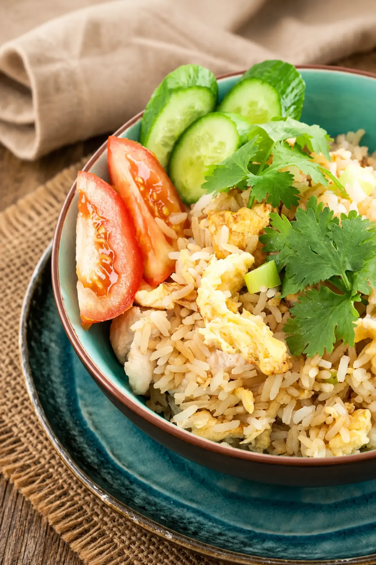 Close-up of Thai fried rice served with cucumber slices, tomato wedges, and fresh coriander.