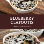 Blueberry Clafoutis baked in white ceramic dishes, dusted with icing sugar and served with a spoon.