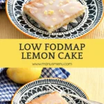 A glazed lemon cake square on a patterned plate with lemon zest on top.
