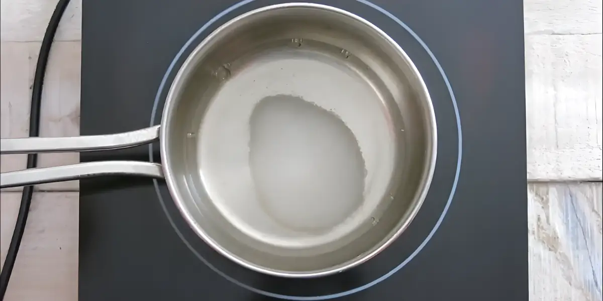 Rice vinegar, sugar, and salt heating in a pot to make amazu.