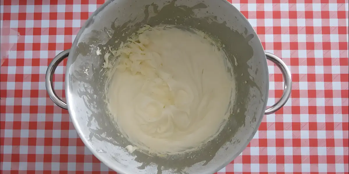 Thick, creamy lemon cake batter in a large metal mixing bowl.