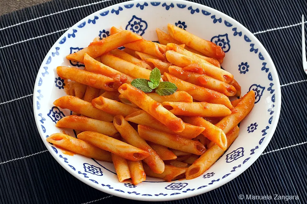 Bowl of penne coated in tomato sauce with a mint leaf on top.