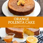 Traditional Italian orange polenta cake with orange slice and cinnamon on top.