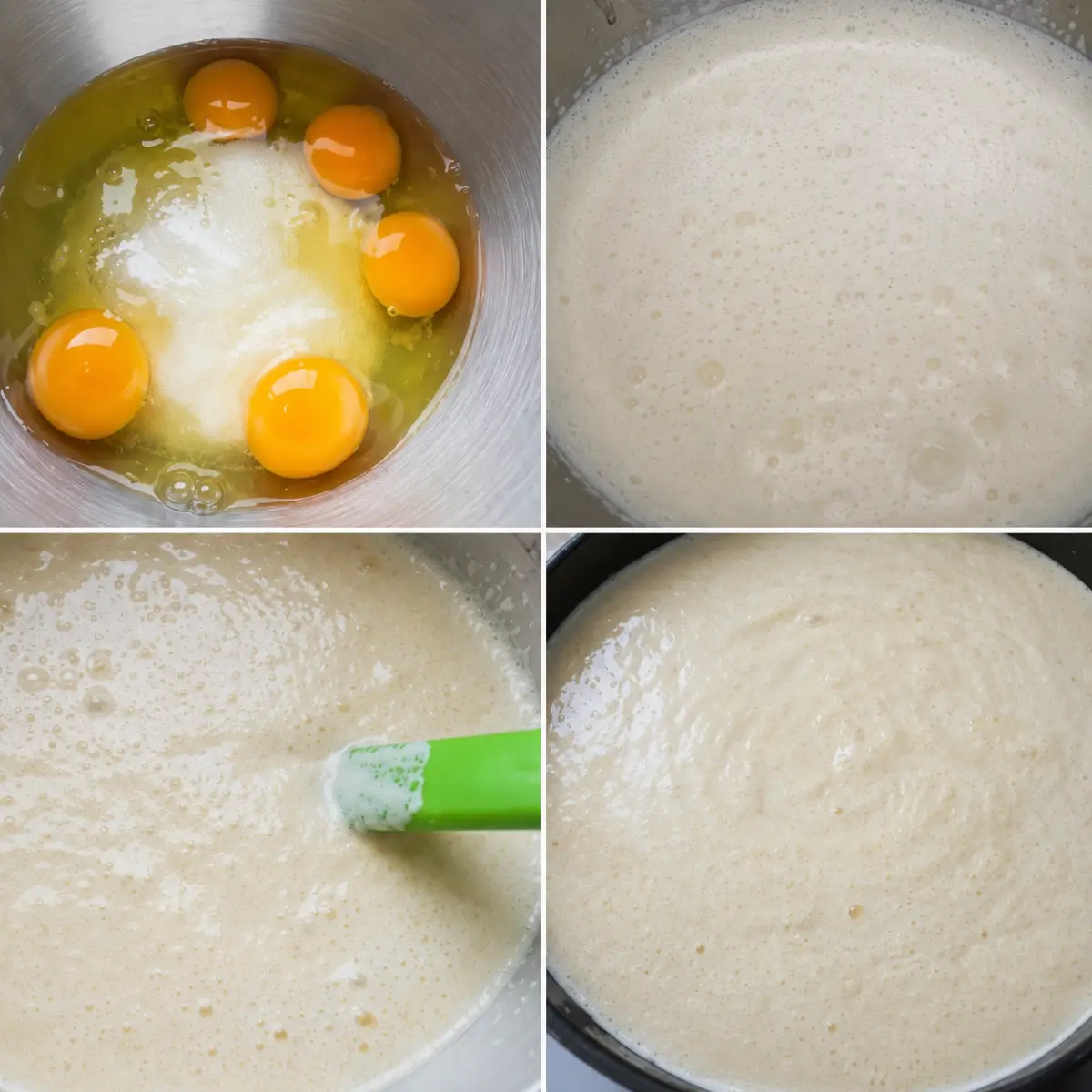 Eggs and sugar being whisked into a smooth batter for orange cake.
