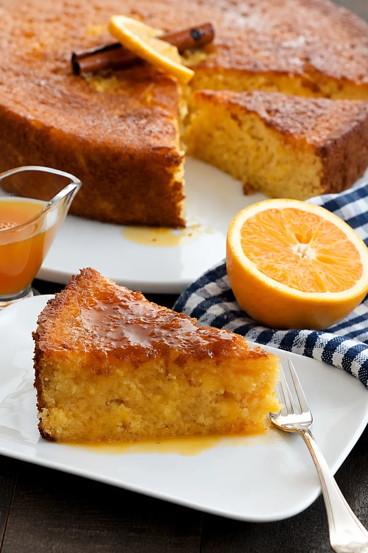 Slice of orange polenta cake served with syrup and fresh oranges.