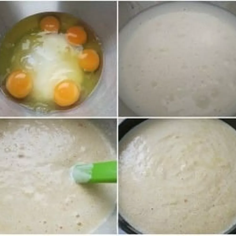 Mixing bowl with eggs, sugar, and almond meal folded into the orange polenta cake batter.
