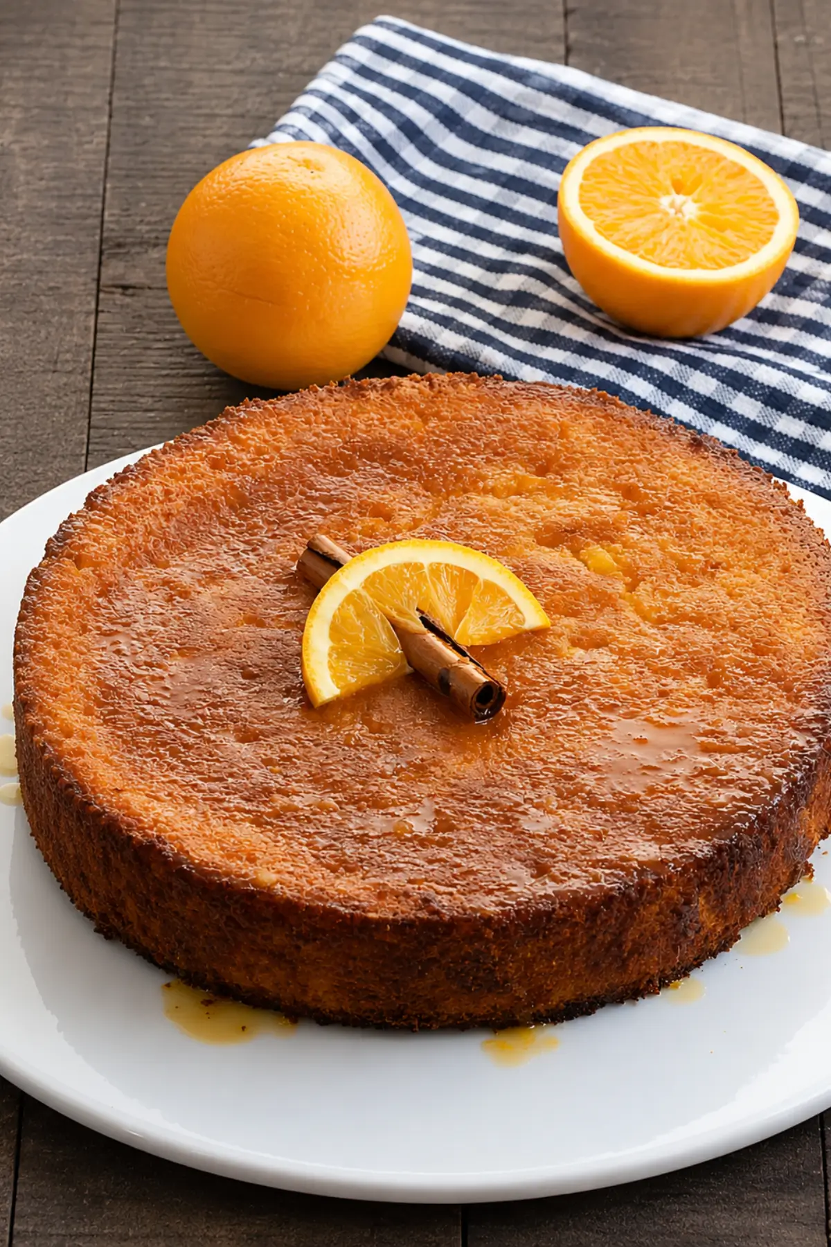 Whole orange cake topped with a cinnamon stick and orange slice on a white plate.