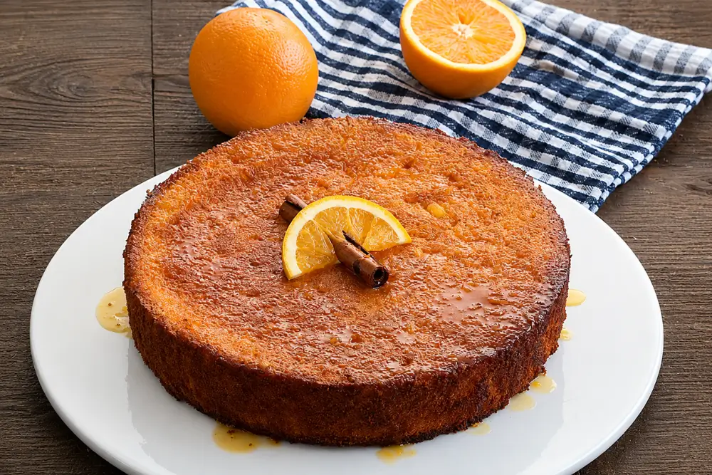 Orange polenta cake served with syrup and fresh oranges on the side.