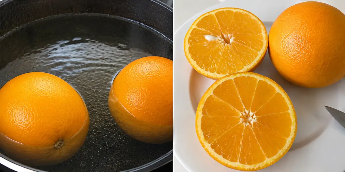 Whole oranges simmering in water beside halved oranges on a white plate.
