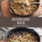 Cooked eggplant rice in a cast iron pan with basil.