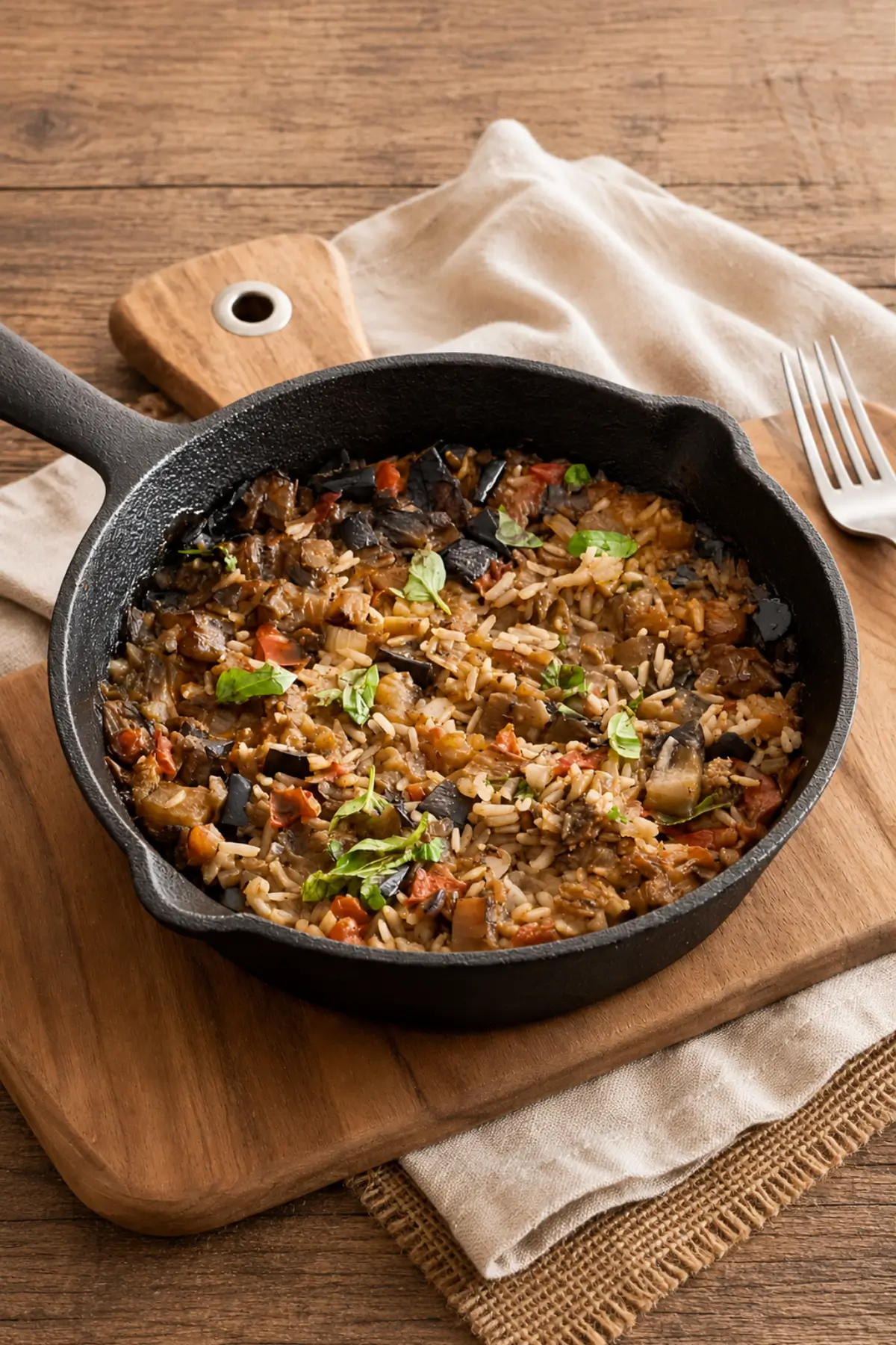 Finished Mediterranean rice topped with fresh basil and ready to serve.
