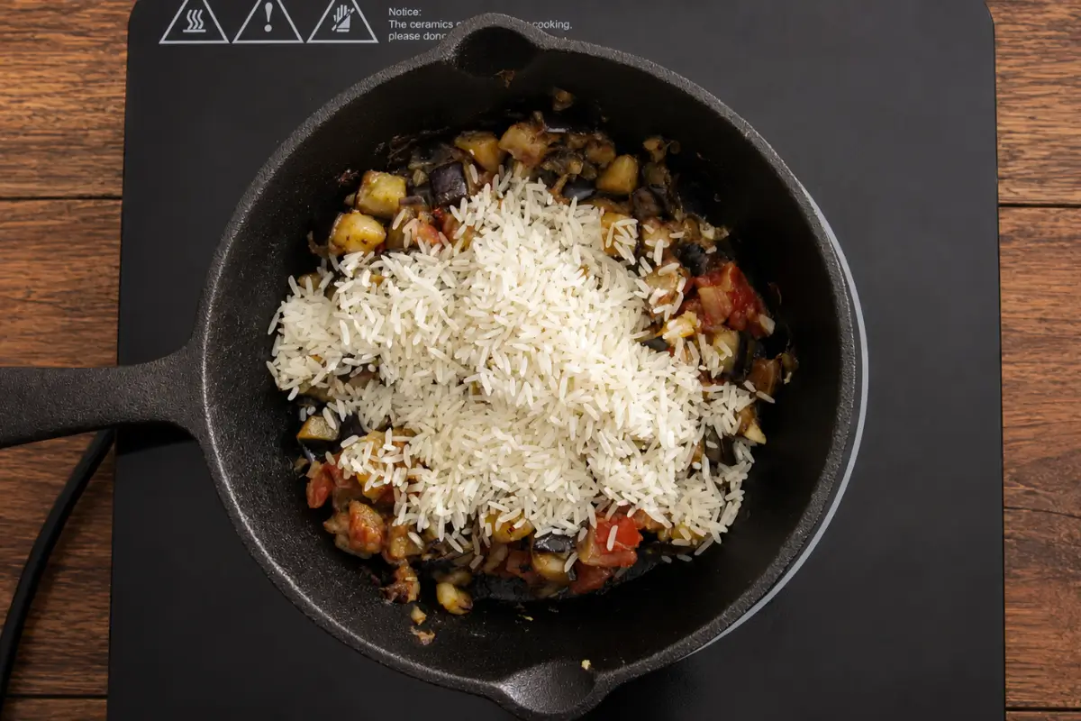 Long-grain rice added to the cooked eggplant and tomato mixture.