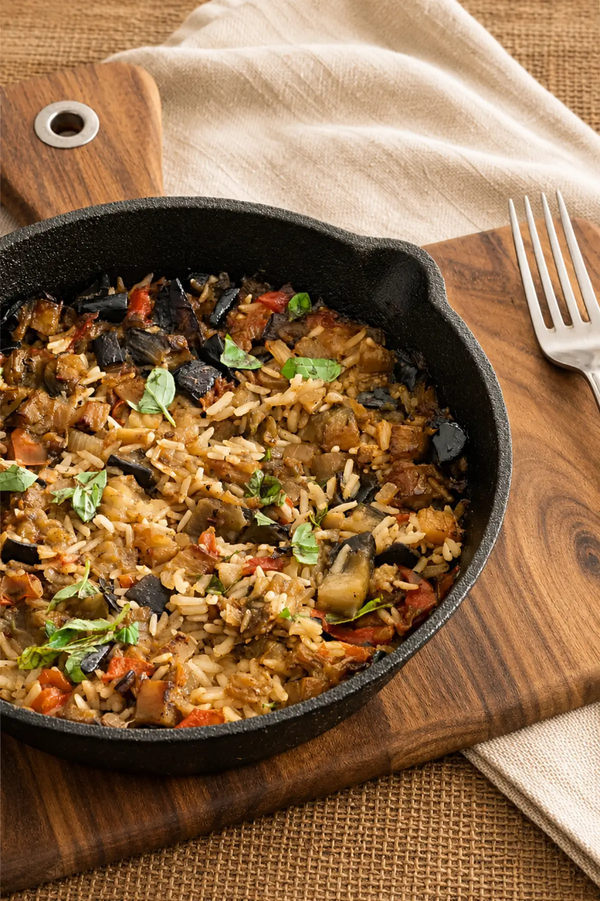 Close view of baked rice with tender eggplant, tomatoes and basil.
