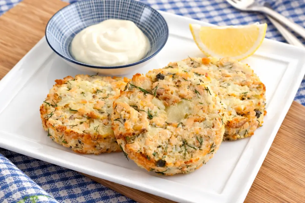 Baked salmon cakes plated with a small bowl of aioli and lemon wedge.