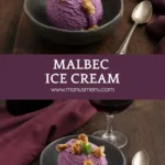 Scoop of Malbec ice cream topped with walnuts and a sprig of fresh mint, served with a glass of red wine.