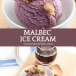Bowl of purple Malbec ice cream beside a glass of wine on a wooden board.