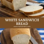Sliced White Sandwich Bread on a wooden board beside a serrated bread knife.