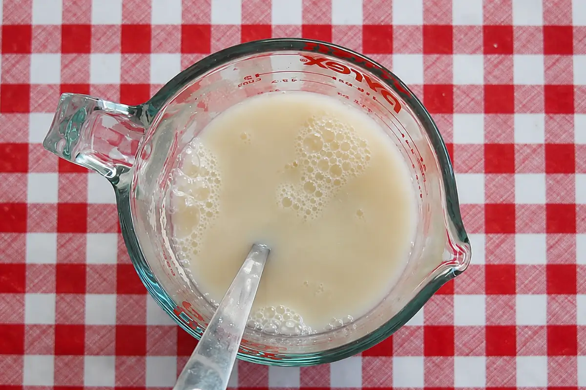 Activated yeast mixture in a measuring jug before mixing the dough.