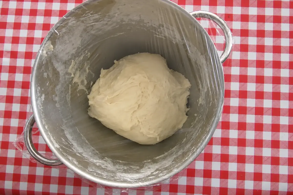 Soft bread dough resting in a mixing bowl after kneading.
