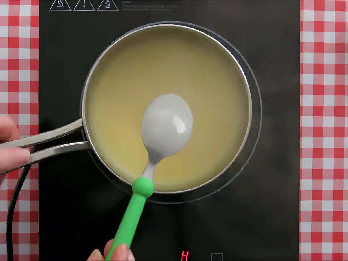 Cooking the custard base over low heat until it coats the spoon.