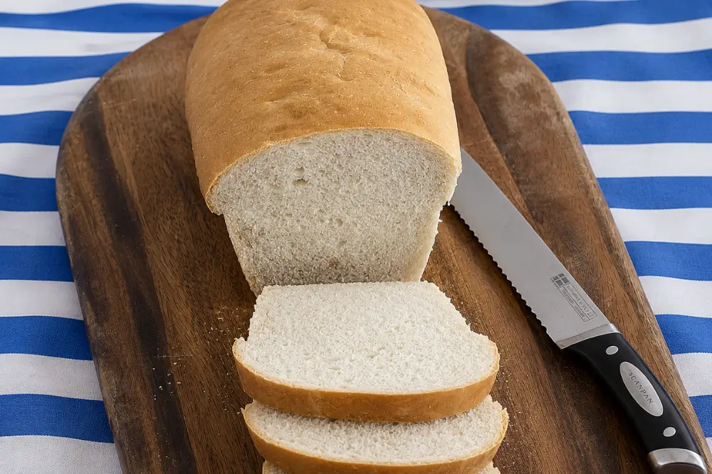 Homemade sandwich bread sliced on a wooden serving board.