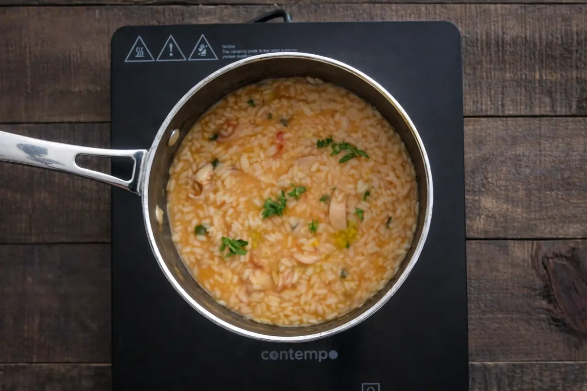 Risotto with calamari simmering in the pan as the rice absorbs the stock.