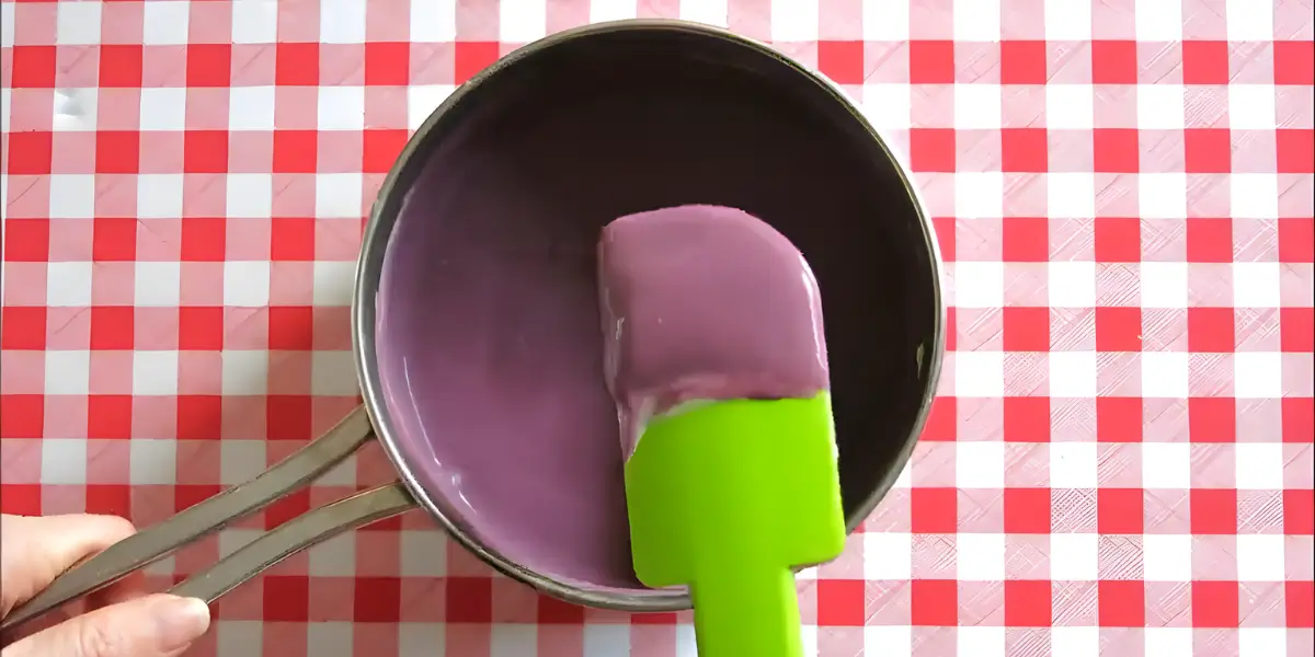 Thick Malbec custard mixture coating a spatula.